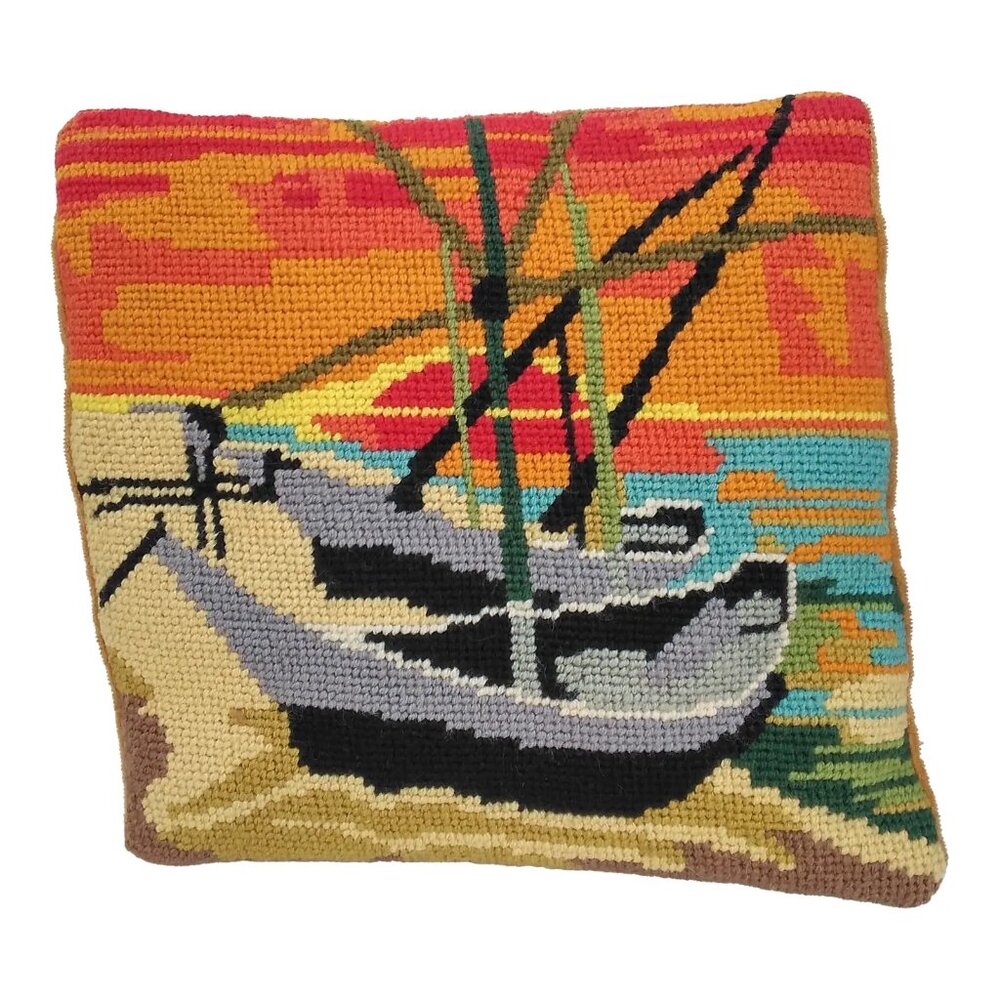 Vintage Needlepoint Pillow - Scenic Boats on Beach at Sunset
